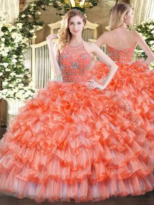 Beauteous Ball Gowns Sweet 16 Dresses Orange Halter Top Organza Sleeveless Floor Length Zipper