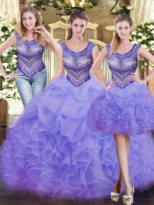  Sleeveless Floor Length Beading and Ruffles Lace Up Quinceanera Dresses with Lavender