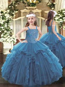 Glorious Ball Gowns Pageant Gowns For Girls Teal Straps Tulle Sleeveless Floor Length Lace Up