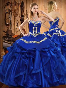 Shining Royal Blue Ball Gowns Embroidery and Ruffles Quince Ball Gowns Lace Up Satin and Organza Sleeveless Floor Length