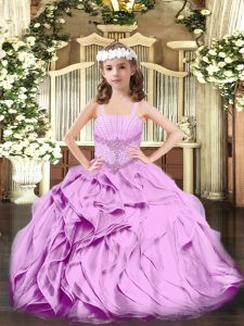  Lilac Organza Lace Up Straps Sleeveless Floor Length Kids Formal Wear Beading and Ruffles