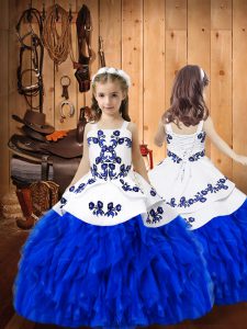  Royal Blue Sleeveless Embroidery and Ruffles Floor Length Party Dress for Girls