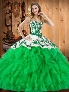 Classical Satin and Organza Sleeveless Floor Length Quinceanera Gowns and Embroidery and Ruffles