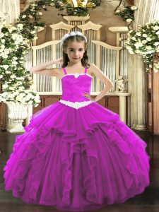  Fuchsia Ball Gowns Tulle Straps Sleeveless Appliques and Ruffles Floor Length Lace Up Party Dress for Girls
