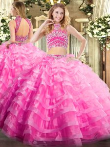  Rose Pink Two Pieces Beading and Ruffled Layers Quinceanera Gown Backless Tulle Sleeveless Floor Length