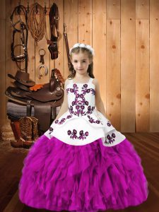  Fuchsia Ball Gowns Organza Straps Sleeveless Embroidery and Ruffles Floor Length Lace Up Little Girls Pageant Gowns
