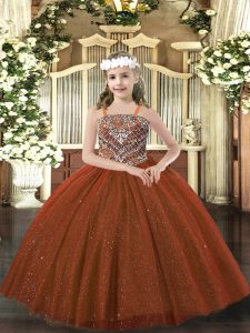  Rust Red Lace Up Straps Beading Kids Pageant Dress Tulle Sleeveless