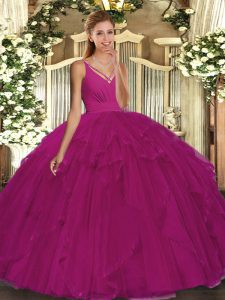 Unique Fuchsia 15 Quinceanera Dress Sweet 16 and Quinceanera with Beading and Ruffles V-neck Sleeveless Backless