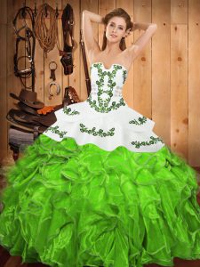  Satin and Organza Sleeveless Floor Length Quince Ball Gowns and Embroidery and Ruffles