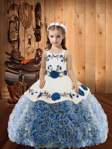 Straps Sleeveless Party Dress for Girls Floor Length Embroidery and Ruffles Multi-color Fabric With Rolling Flowers