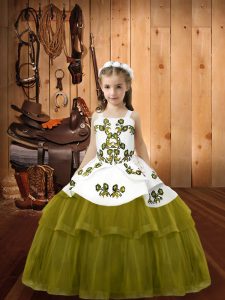 Stunning Straps Sleeveless Child Pageant Dress Floor Length Embroidery Olive Green Tulle