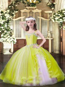  Beading Little Girls Pageant Dress Yellow Lace Up Sleeveless Floor Length