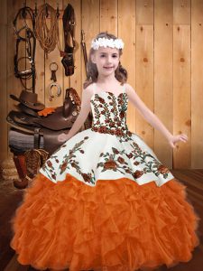  Orange Red Sleeveless Floor Length Embroidery and Ruffles Lace Up Party Dress for Girls