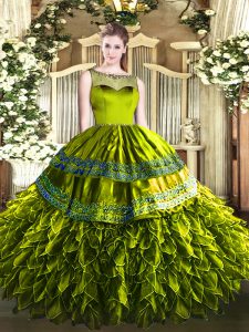 Free and Easy Sleeveless Organza and Taffeta Floor Length Zipper 15th Birthday Dress in Olive Green with Beading and Ruffles