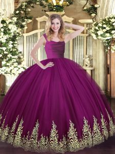 Customized Fuchsia Straps Neckline Beading and Appliques Ball Gown Prom Dress Sleeveless Zipper