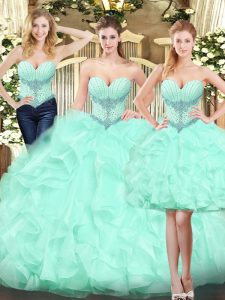  Floor Length Lace Up Sweet 16 Dresses Apple Green for Military Ball and Sweet 16 and Quinceanera with Ruffles