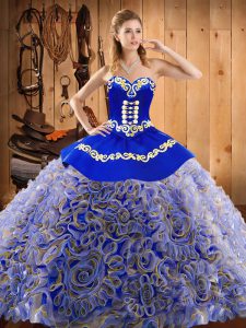 Extravagant Sweetheart Sleeveless Sweet 16 Dresses With Train Sweep Train Embroidery Multi-color Satin and Fabric With Rolling Flowers