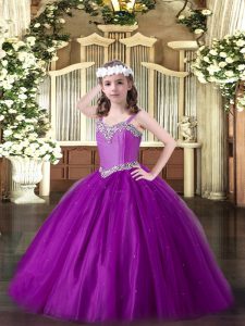  Eggplant Purple Sleeveless Floor Length Beading Lace Up Little Girls Pageant Dress