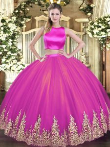 High End Fuchsia Sleeveless Tulle Criss Cross Quinceanera Gown for Military Ball and Sweet 16 and Quinceanera