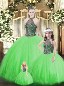 Captivating Ball Gowns 15th Birthday Dress Green Halter Top Tulle Sleeveless Floor Length Lace Up