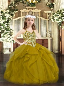 Top Selling Brown Tulle Lace Up Little Girls Pageant Dress Sleeveless Floor Length Beading and Ruffles