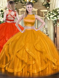  Orange Red Tulle Criss Cross Quinceanera Gowns Sleeveless Floor Length Ruffles