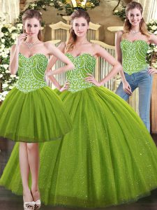 Classical Sleeveless Floor Length Beading Lace Up Quince Ball Gowns with Olive Green