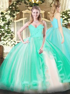 Decent Turquoise Zipper 15 Quinceanera Dress Ruffles Sleeveless Floor Length