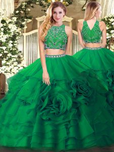 Affordable Dark Green Two Pieces High-neck Sleeveless Tulle Floor Length Zipper Beading and Ruffled Layers Vestidos de Quinceanera