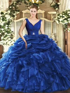 Customized Floor Length Blue Quinceanera Dress Organza Sleeveless Beading and Ruffles