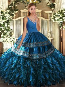 Extravagant Blue Ball Gowns Ruffles Sweet 16 Dresses Backless Organza Sleeveless Floor Length