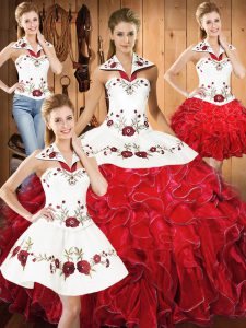  Satin and Organza Sleeveless Floor Length 15 Quinceanera Dress and Embroidery and Ruffles