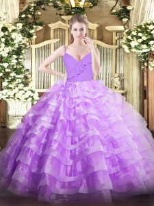  Ball Gowns Quinceanera Gowns Lavender Spaghetti Straps Organza Sleeveless Floor Length Zipper