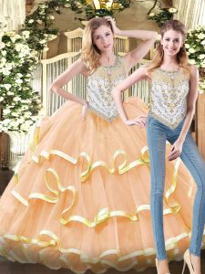  Peach Scoop Zipper Beading and Ruffled Layers Quinceanera Gown Sleeveless