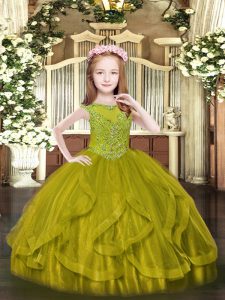  Olive Green Scoop Neckline Beading and Ruffles Little Girls Pageant Gowns Sleeveless Zipper