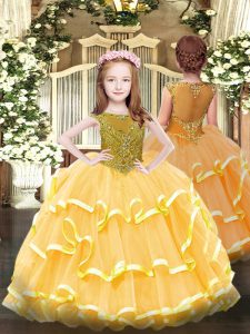 Fashion Organza Scoop Sleeveless Zipper Beading and Ruffled Layers Child Pageant Dress in Orange