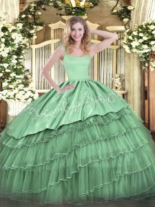 Fashion Green Sleeveless Floor Length Embroidery and Ruffled Layers Zipper 15th Birthday Dress