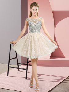  Champagne Lace Backless Cap Sleeves Mini Length Beading