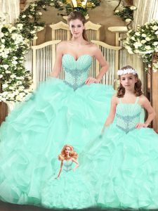 Gorgeous Floor Length Lace Up Quinceanera Dress Aqua Blue for Military Ball and Sweet 16 and Quinceanera with Beading and Ruffles