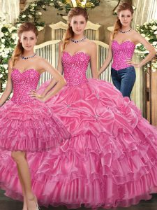 Superior Rose Pink Sweetheart Neckline Beading and Ruffles Quince Ball Gowns Sleeveless Lace Up