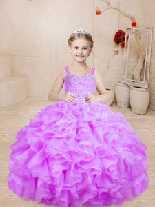  Lilac Lace Up Little Girls Pageant Dress Beading Sleeveless Floor Length