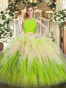 Unique Organza Scoop Sleeveless Zipper Lace and Ruffles Sweet 16 Dress in Multi-color
