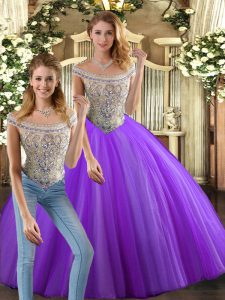  Eggplant Purple Two Pieces Beading 15th Birthday Dress Lace Up Tulle Sleeveless Floor Length