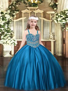  Straps Sleeveless Lace Up Pageant Gowns For Girls Blue Satin
