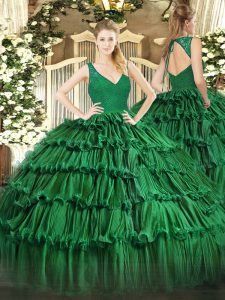 Fashionable Dark Green V-neck Backless Beading and Lace and Ruffled Layers Quince Ball Gowns Sleeveless