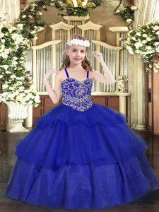  Royal Blue Ball Gowns Beading and Ruffled Layers Child Pageant Dress Lace Up Organza Sleeveless Floor Length