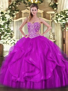 Fitting Fuchsia Sleeveless Floor Length Beading and Ruffles Lace Up Quince Ball Gowns