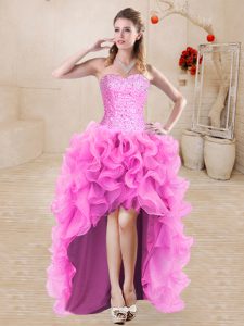 Glorious Rose Pink A-line Beading and Ruffles Prom Dress Lace Up Organza Sleeveless High Low