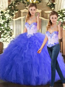 Classical Blue Organza Lace Up Quince Ball Gowns Sleeveless Floor Length Beading and Ruffles