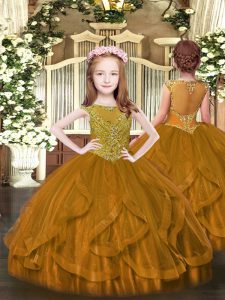 Brown Girls Pageant Dresses Party and Quinceanera with Beading and Ruffles Scoop Sleeveless Zipper